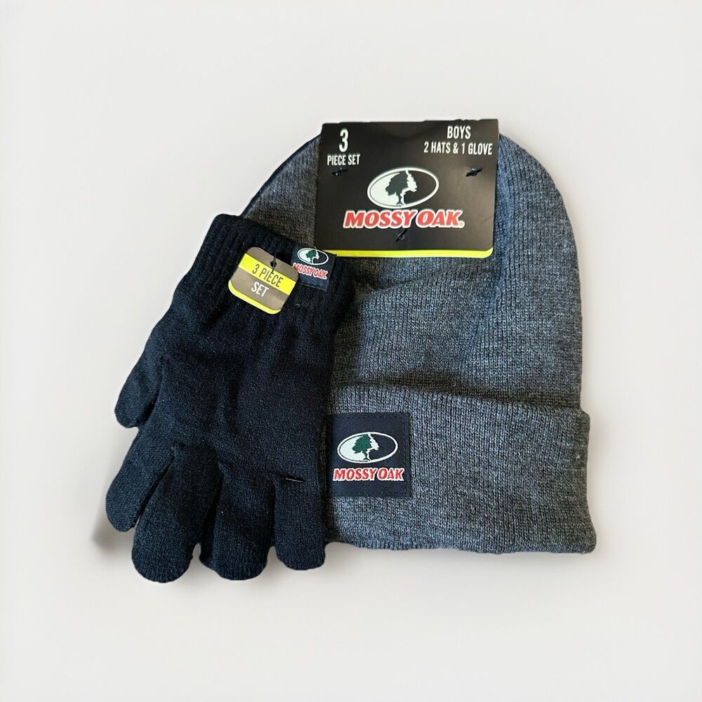 Mossy Oak Boys Winter Hat Glove Mitten 3 pc Set Fleece Lined Warm OS